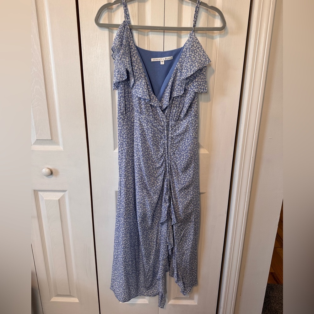 Veronica Beard Blue Spaghetti Strap Ruffle Ruched Midi Dress Spring/Summer Sz 6 - Picture 2 of 12